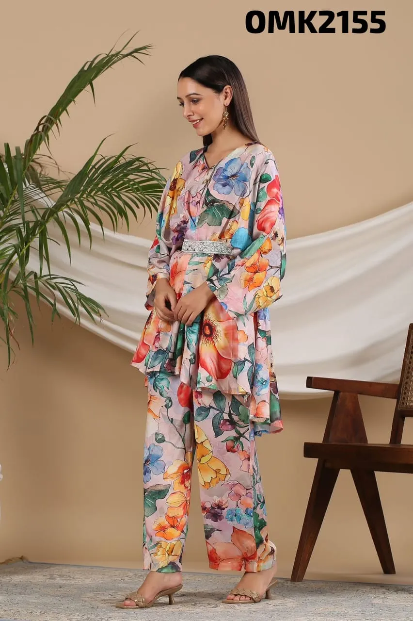 Stunning Designer Digital Print Muslin Co-ord Set with Palazzo Pants and Belt - FOF001CS