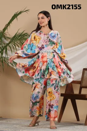 Stunning Designer Digital Print Muslin Co-ord Set with Palazzo Pants and Belt - FOF001CS