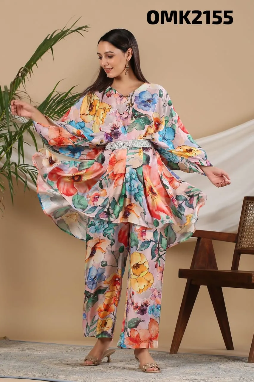 Stunning Designer Digital Print Muslin Co-ord Set with Palazzo Pants and Belt - FOF001CS