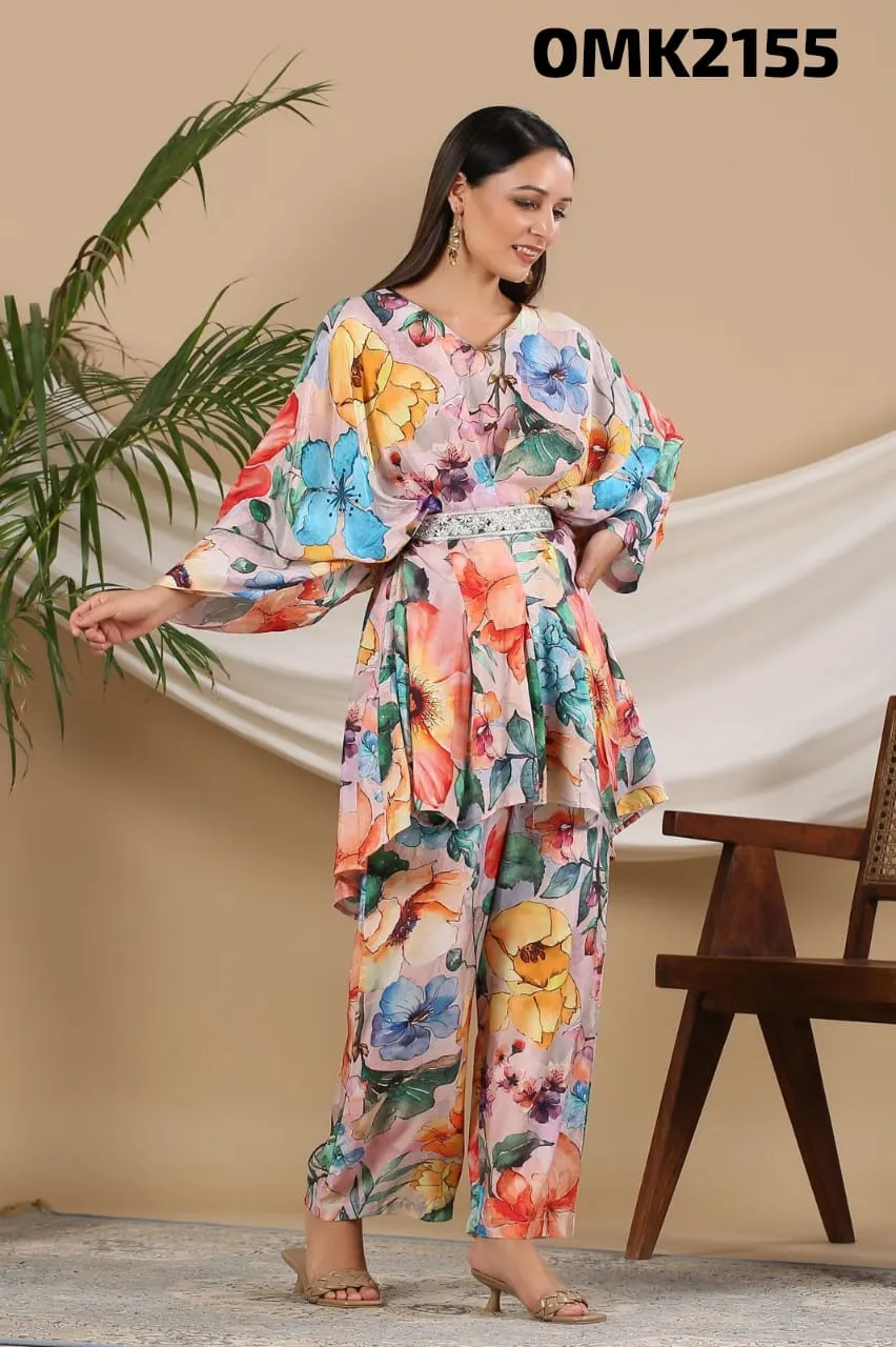 Stunning Designer Digital Print Muslin Co-ord Set with Palazzo Pants and Belt - FOF001CS