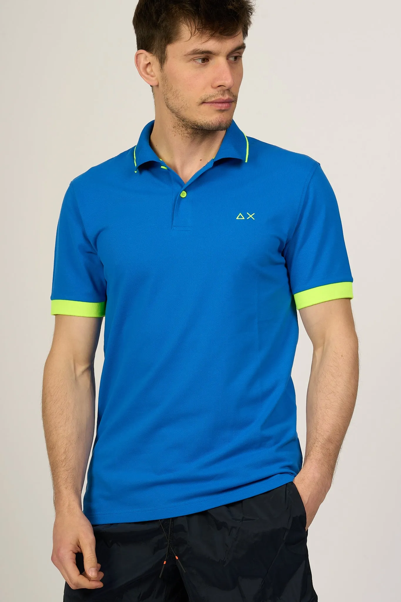 Sun 68 Men's Blue Royale Polo Shirt with Small Fluorescent Stripes