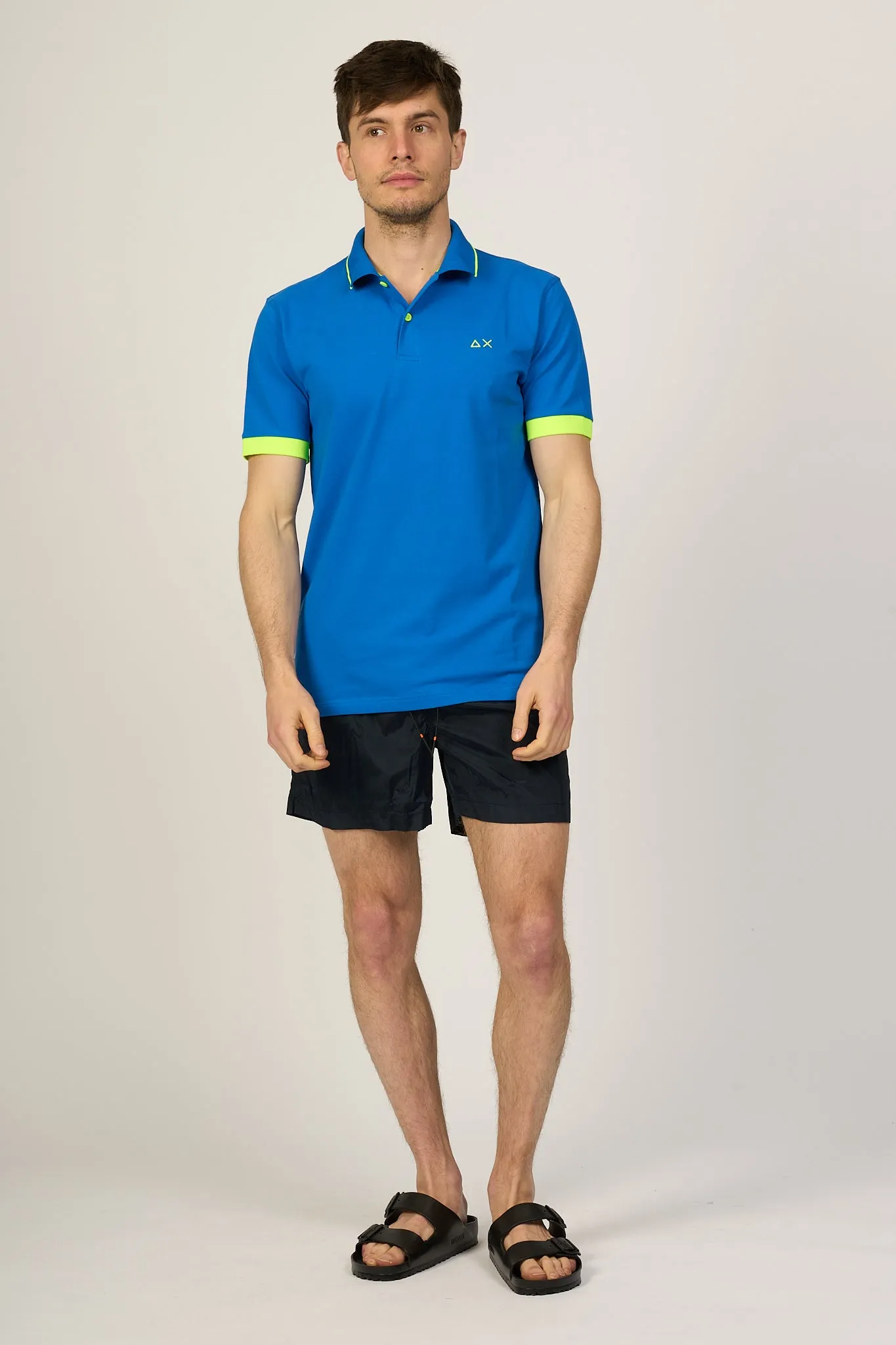 Sun 68 Men's Blue Royale Polo Shirt with Small Fluorescent Stripes