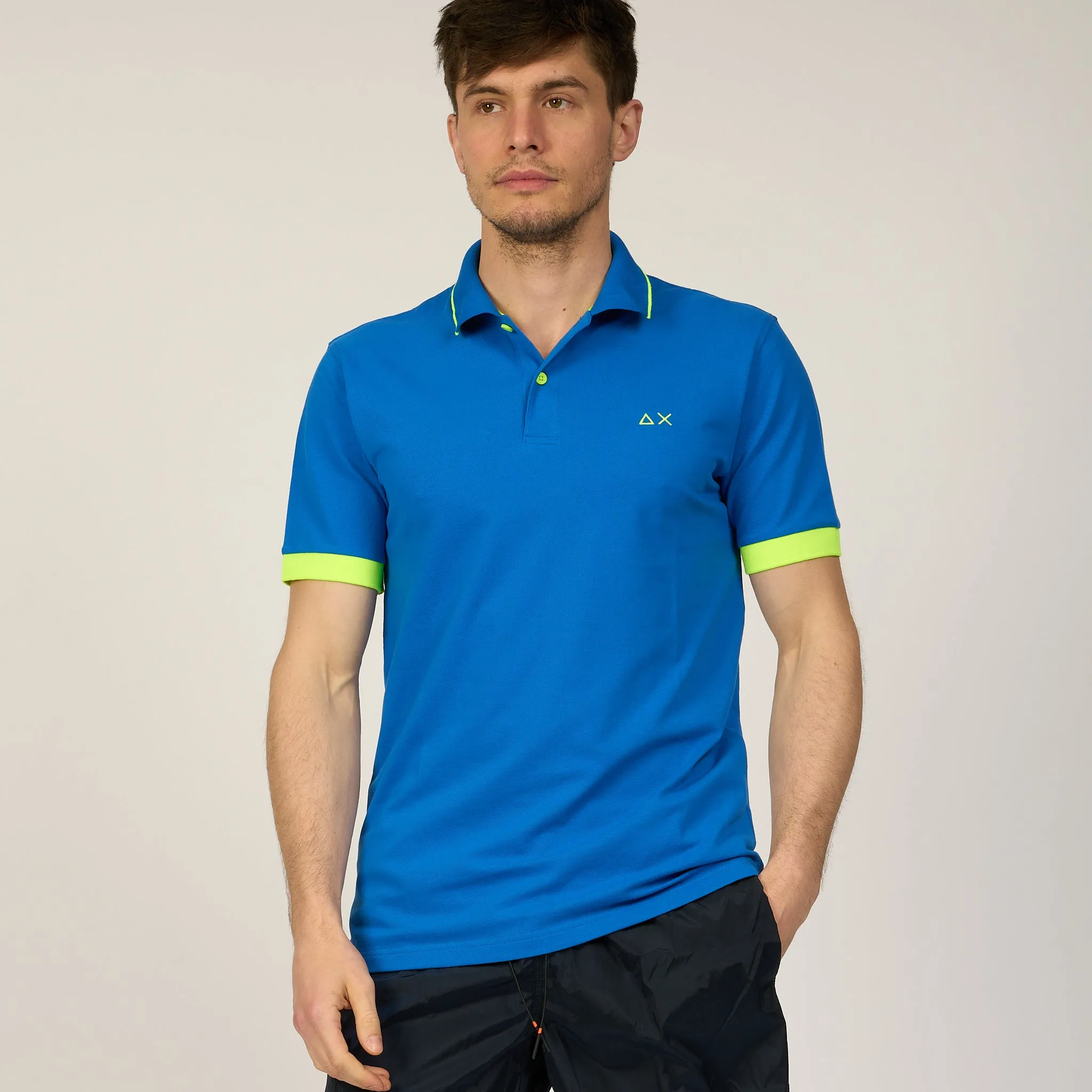 Sun 68 Men's Blue Royale Polo Shirt with Small Fluorescent Stripes