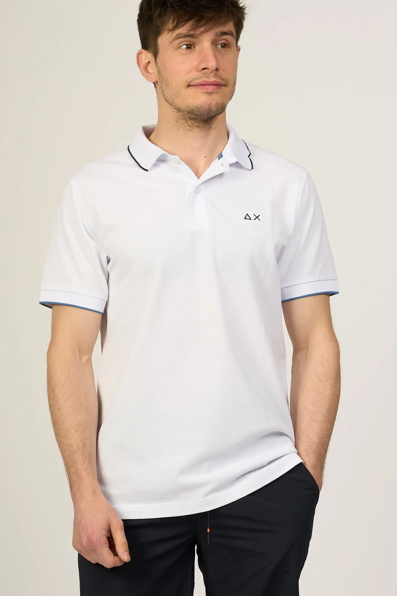 Sun 68 Men's White Polo Shirt with Small Stripes