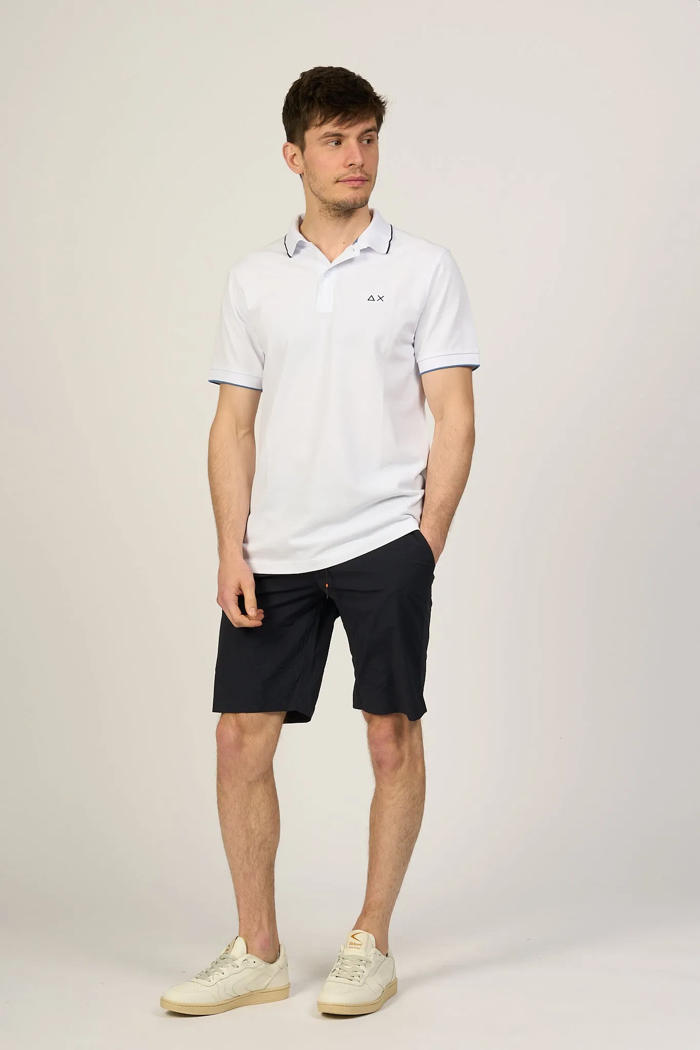 Sun 68 Men's White Polo Shirt with Small Stripes