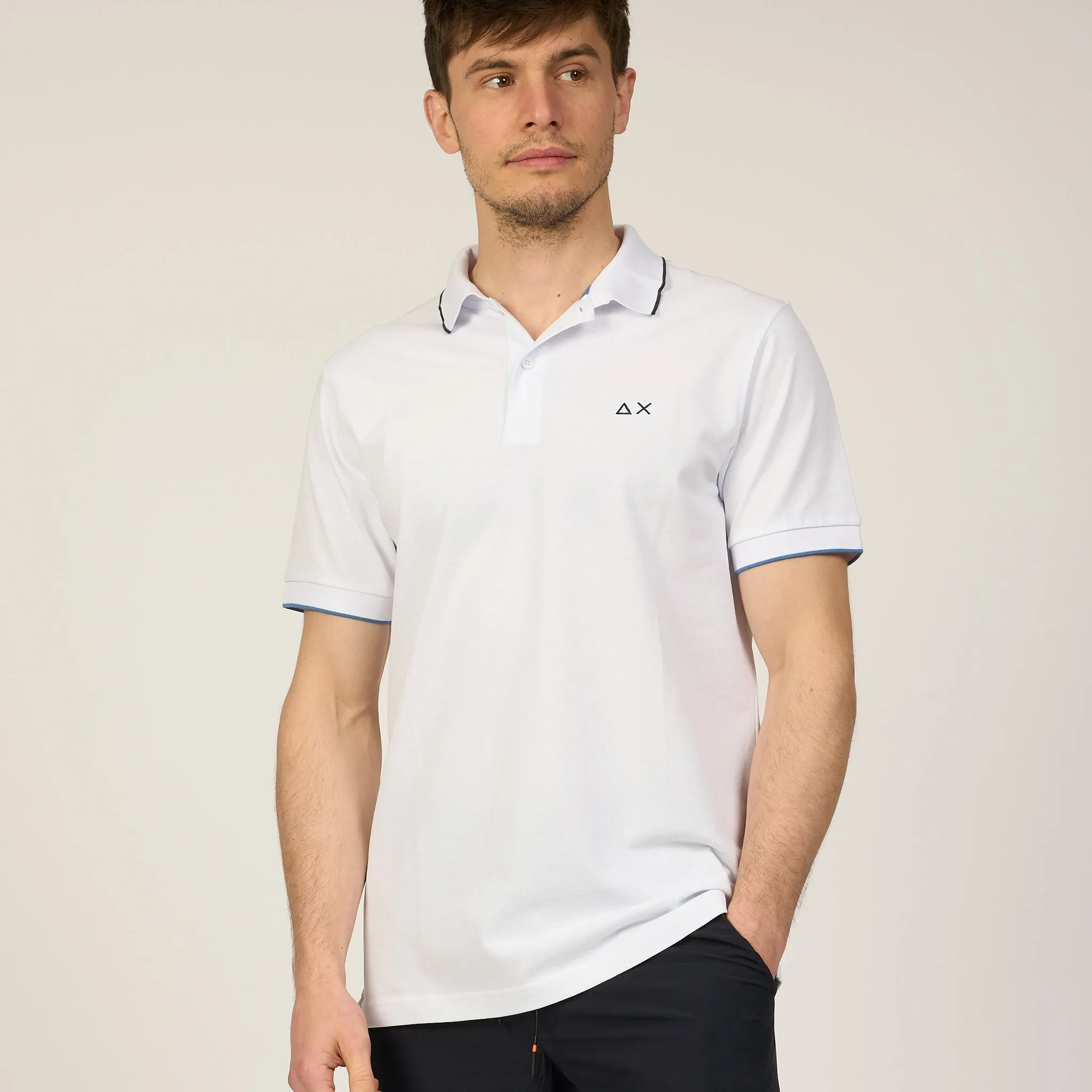 Sun 68 Men's White Polo Shirt with Small Stripes