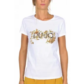 White T-Shirt with Crew Neck Print and Beads