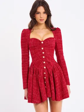 Tae Red Tweed Long Sleeve Drop Waist Mini Dress