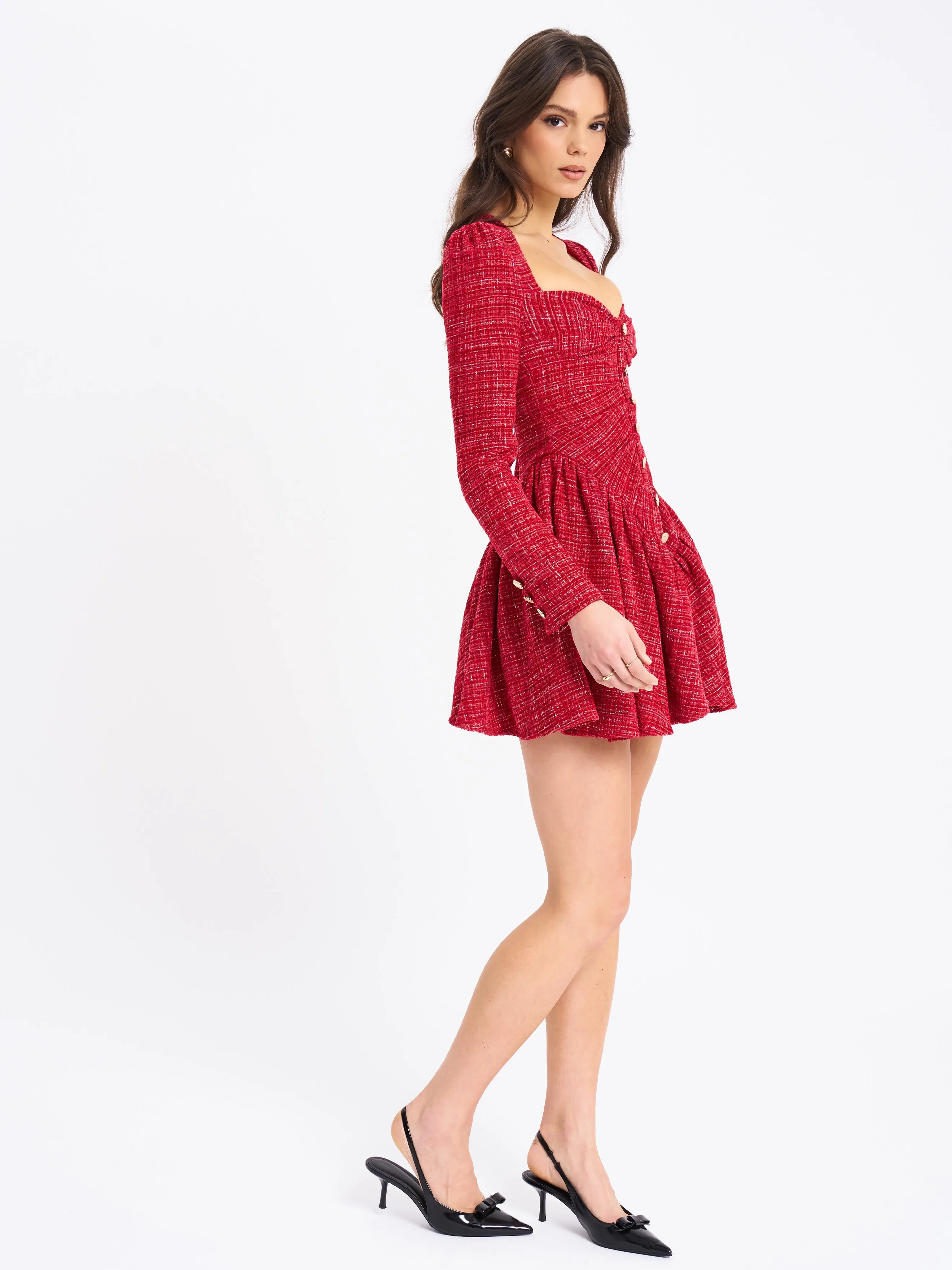 Tae Red Tweed Long Sleeve Drop Waist Mini Dress