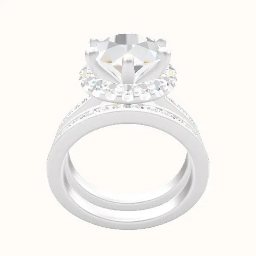 Tapered Channel Set Engagement Ring With Six Prong Halo Head and Matching Band