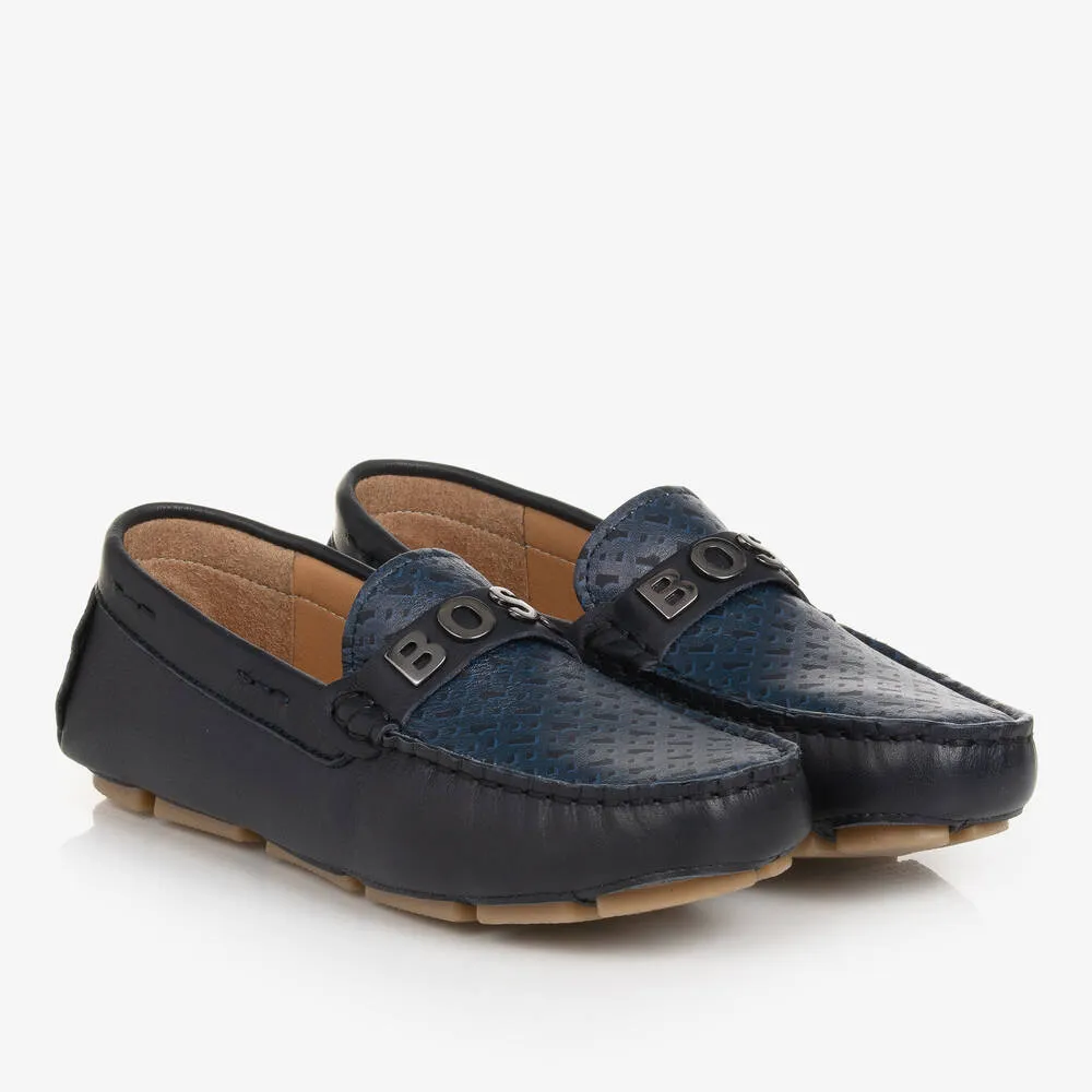 Navy Blue Leather Moccasins for Teen Boys