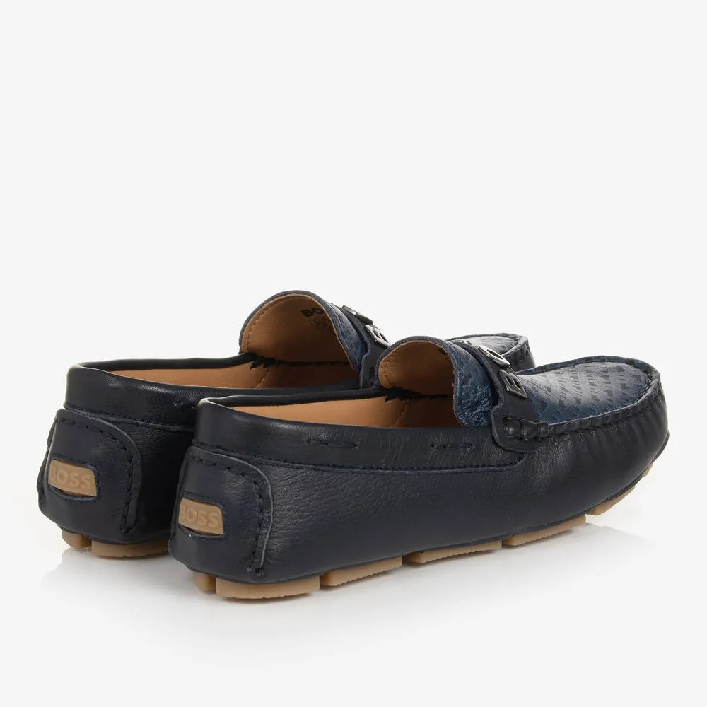 Navy Blue Leather Moccasins for Teen Boys