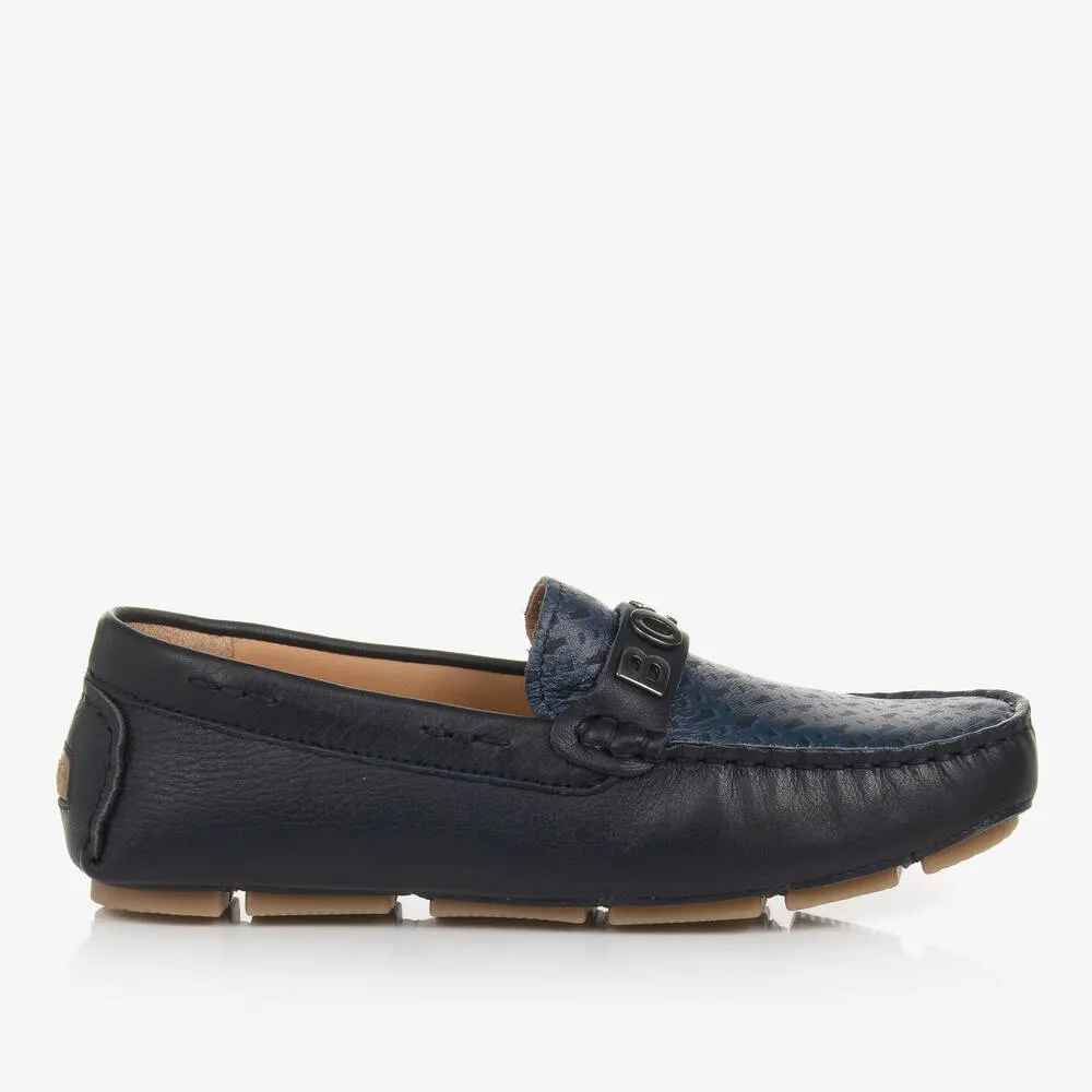 Navy Blue Leather Moccasins for Teen Boys