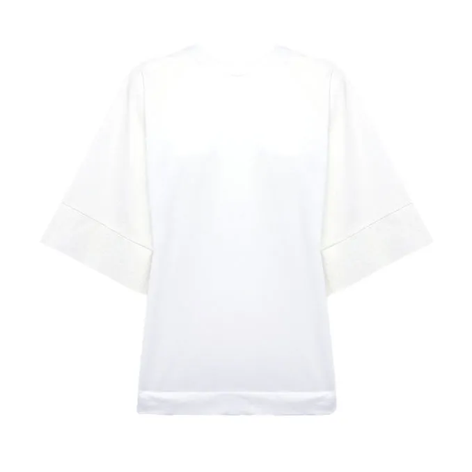 Women's Milk White Round Neck Jersey and Poplin T-shirt