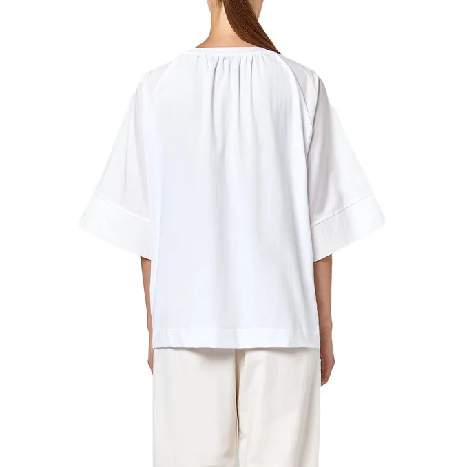 Women's Milk White Round Neck Jersey and Poplin T-shirt