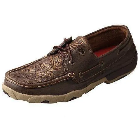 Women's Brown Emboss Flower Driving Moccasins