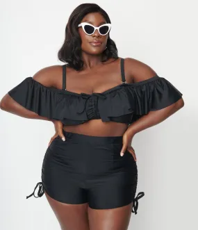 Vintage Black Plus Size Swim Shorts with Pull Tie - Unique