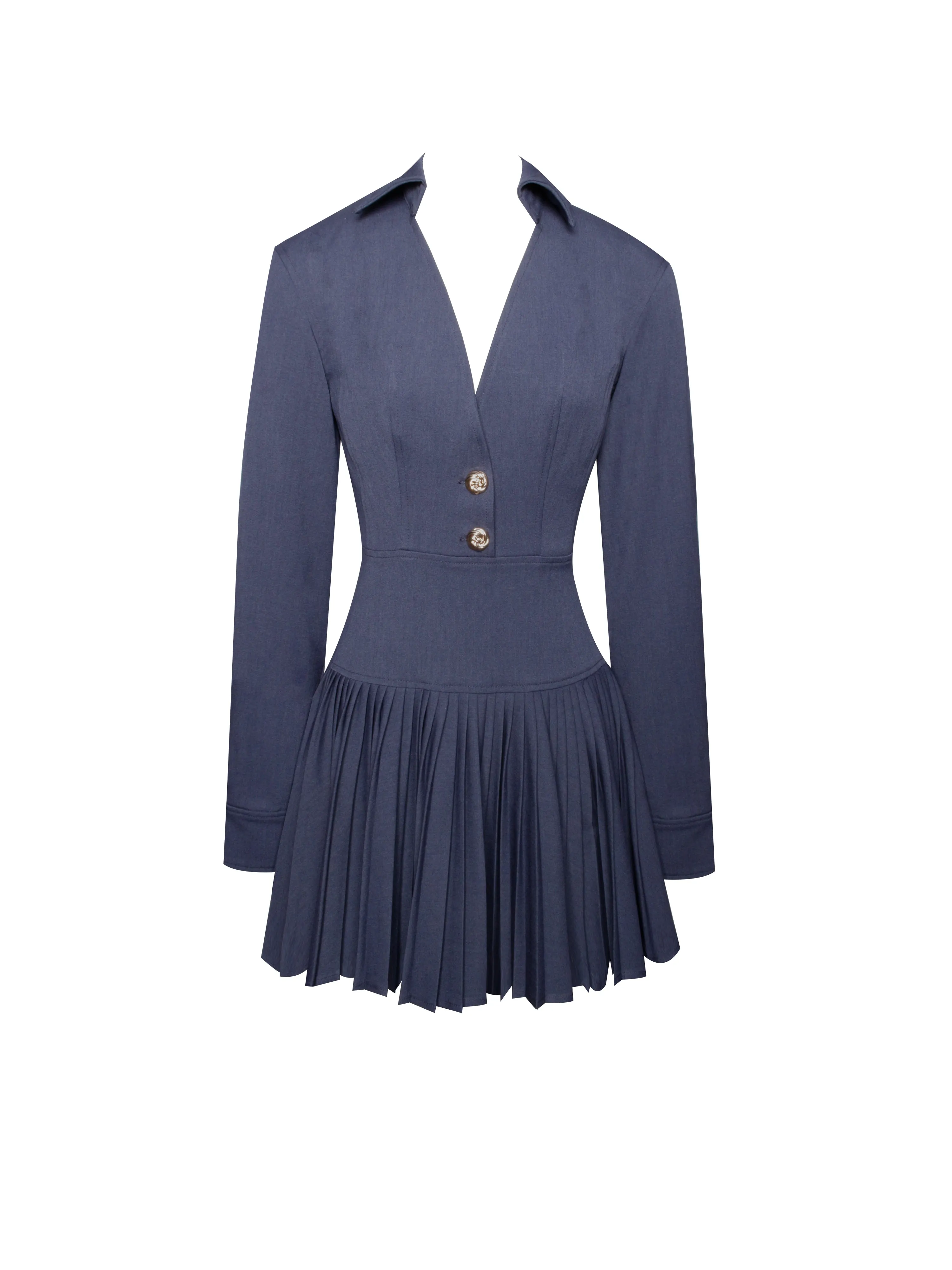 Valarie Navy Blue Denim Style Pleated Mini Dress