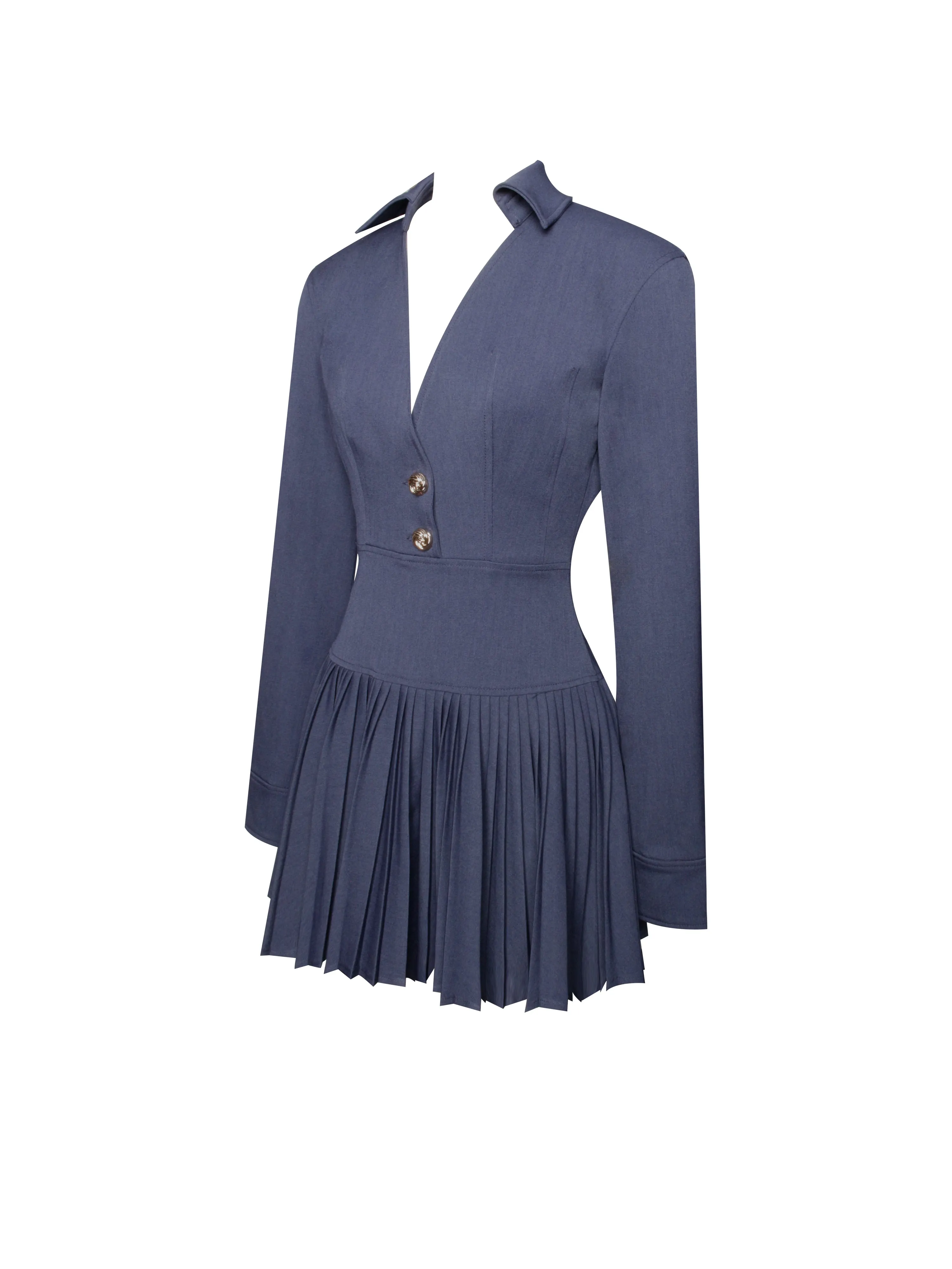 Valarie Navy Blue Denim Style Pleated Mini Dress