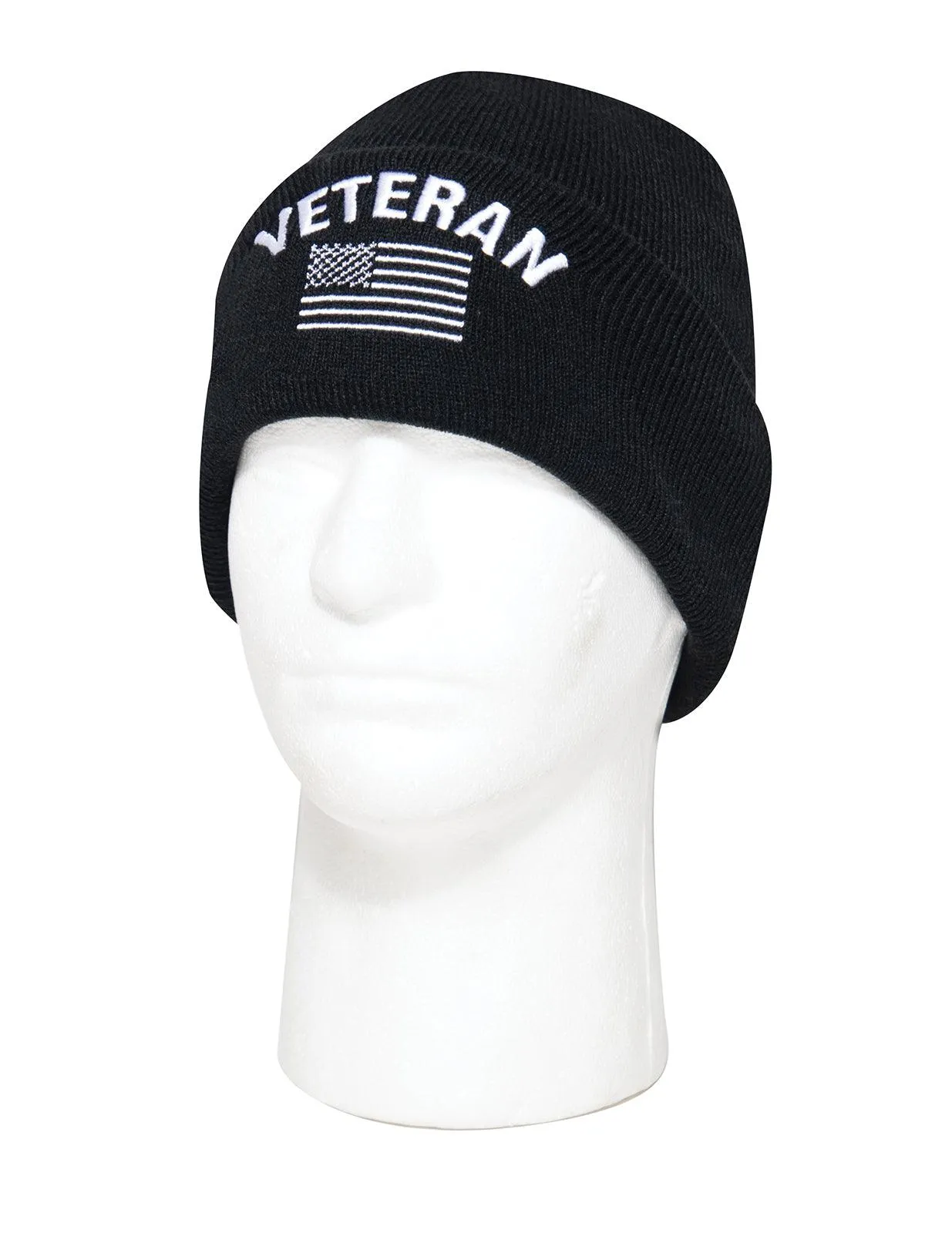 Veteran With US Flag Fine Knit Watch Cap - Black