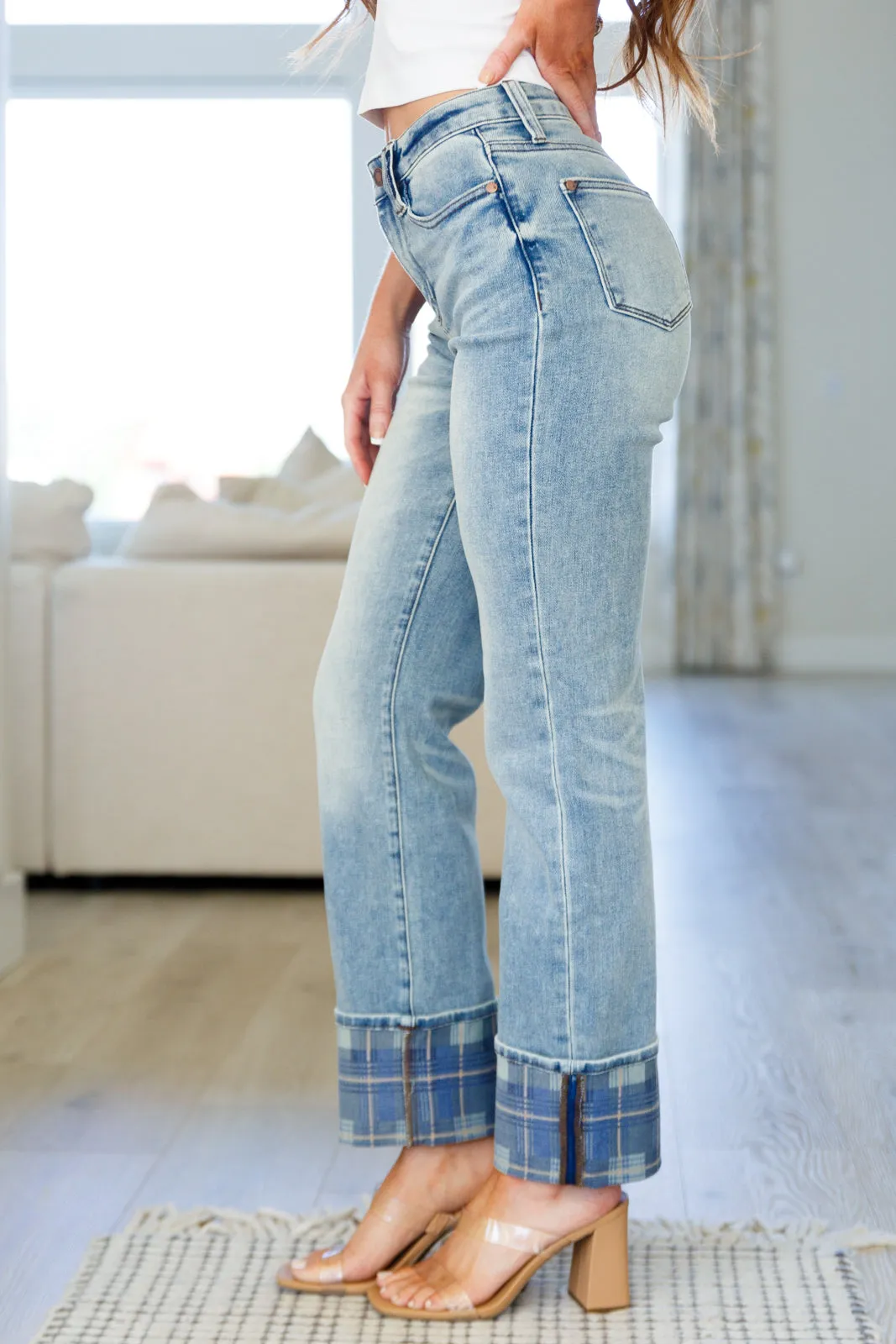 Vintage Plaid Cuff High Rise Straight Jeans - Miranda.