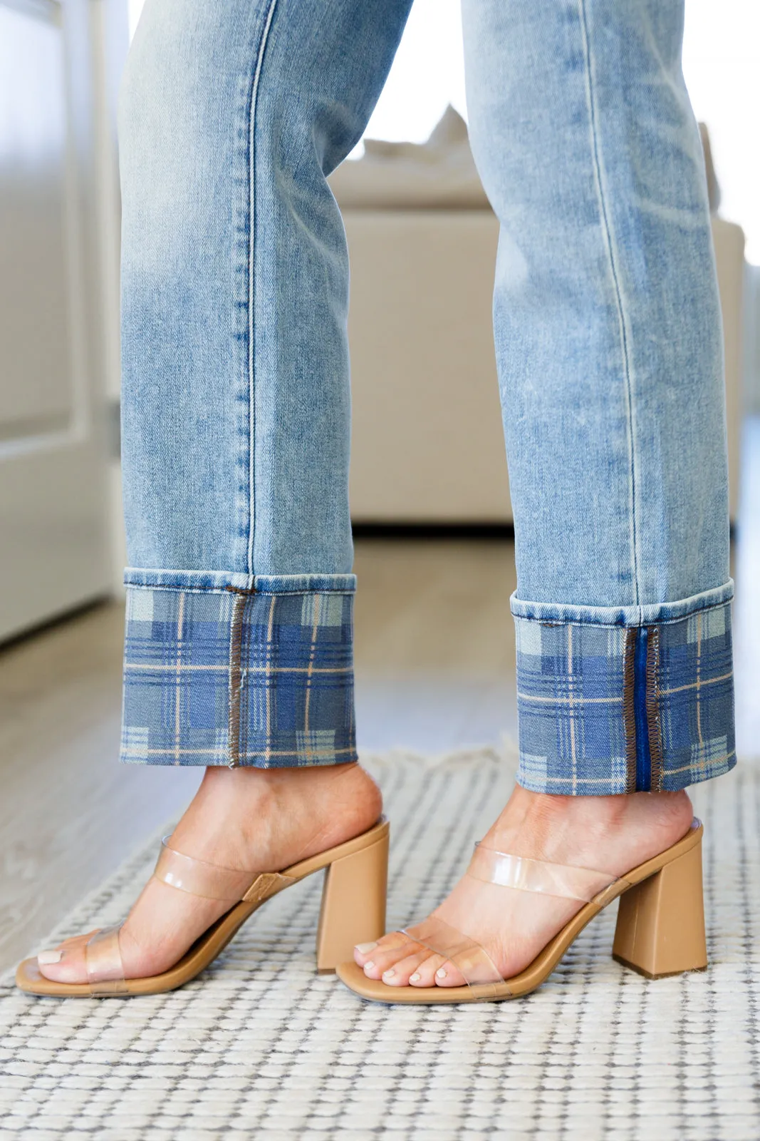 Vintage Plaid Cuff High Rise Straight Jeans - Miranda.