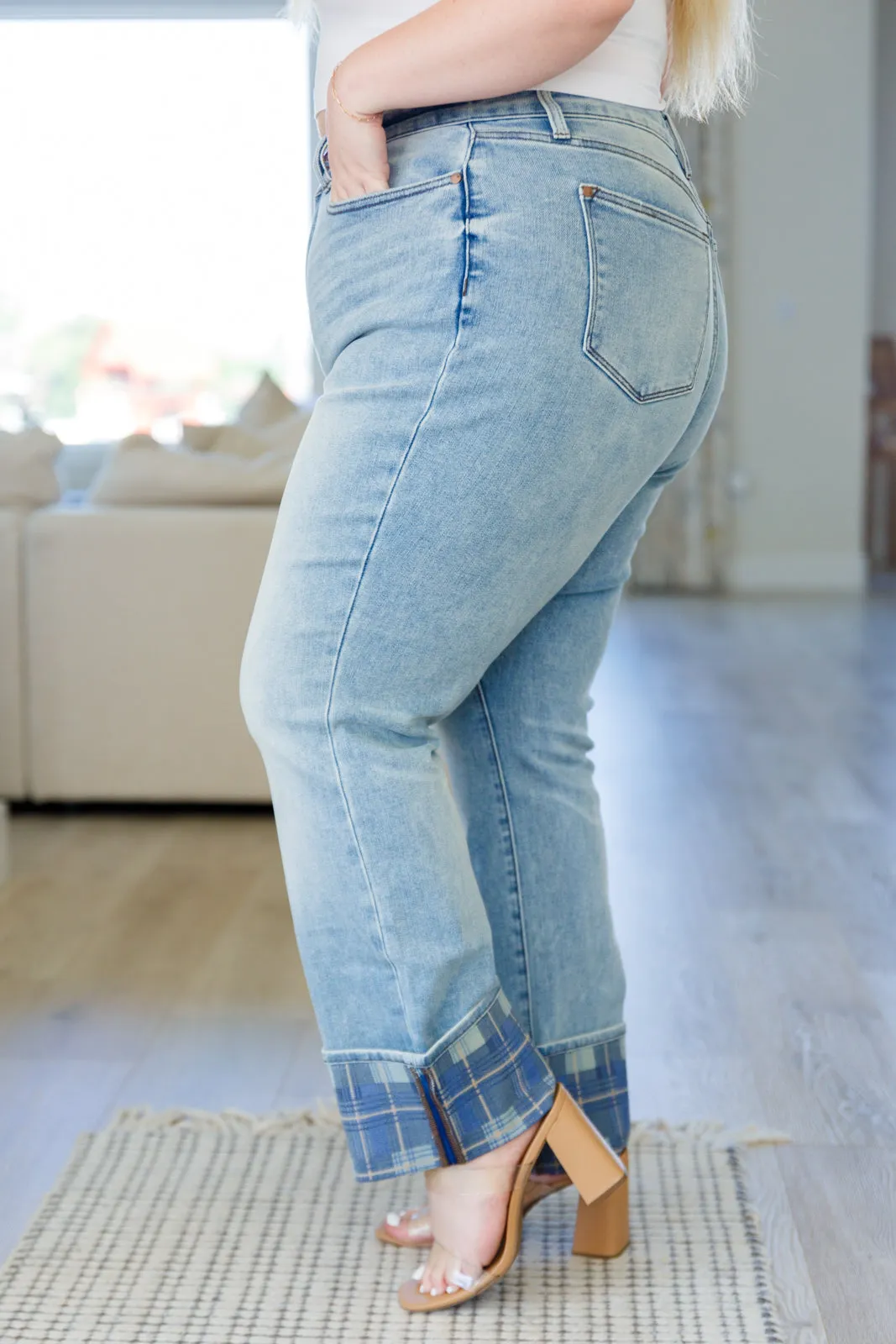 Vintage Plaid Cuff High Rise Straight Jeans - Miranda.