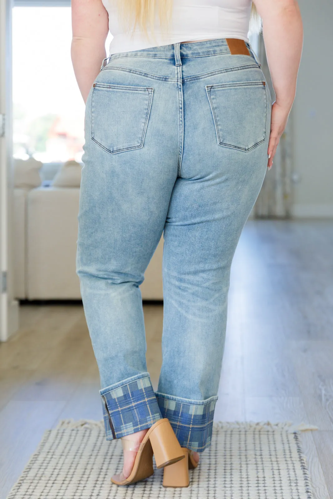 Vintage Plaid Cuff High Rise Straight Jeans - Miranda.