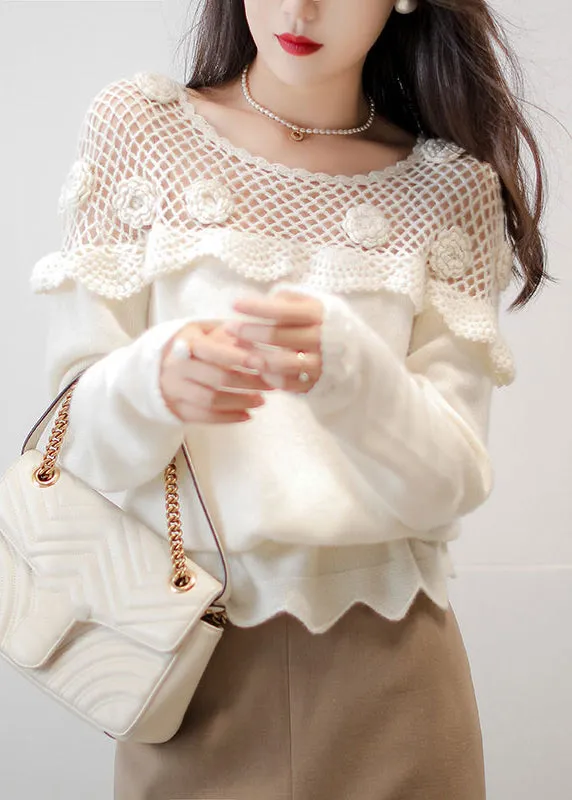 White Floral Hollow Out Knit Top Long Sleeve