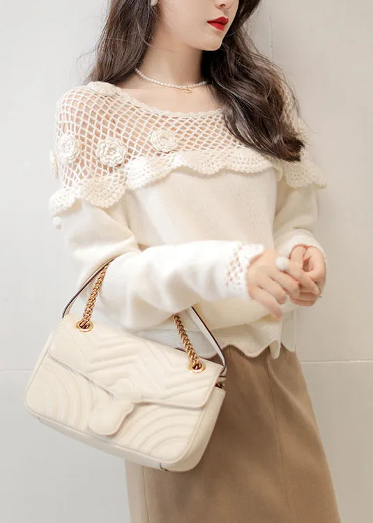 White Floral Hollow Out Knit Top Long Sleeve