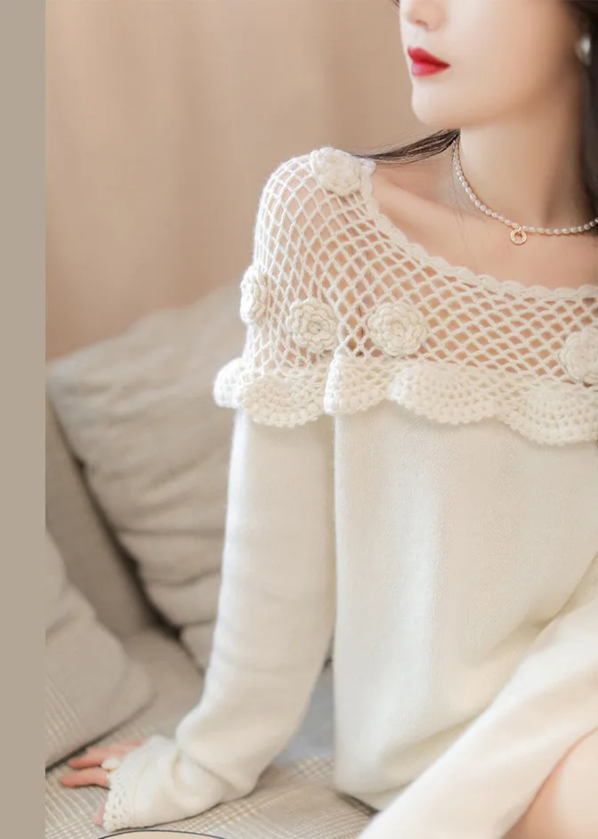 White Floral Hollow Out Knit Top Long Sleeve