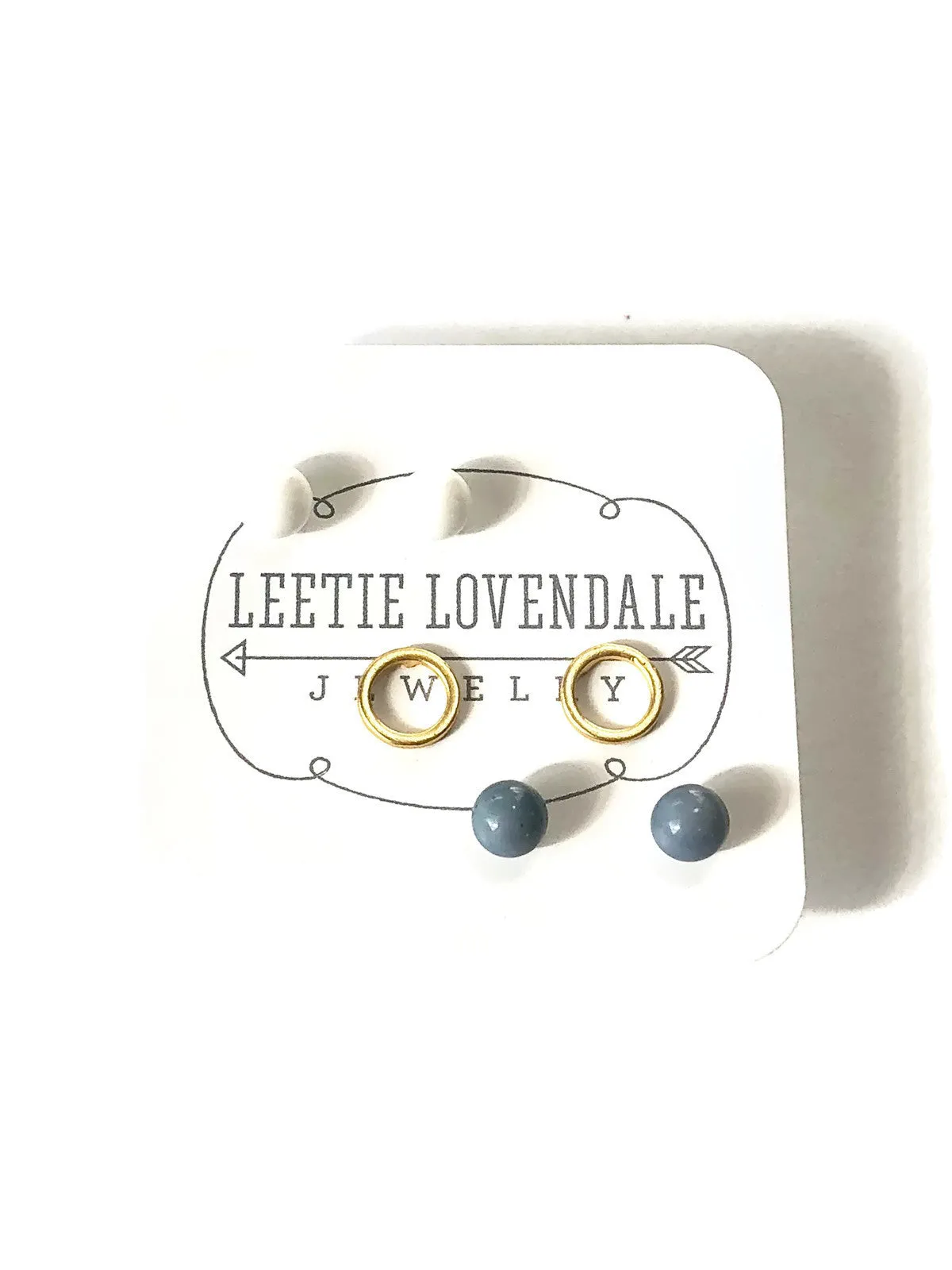 White Frosted Gold Circles & Slate Blue Tiny Geo Stud Earrings Set