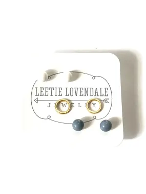 White Frosted Gold Circles & Slate Blue Tiny Geo Stud Earrings Set