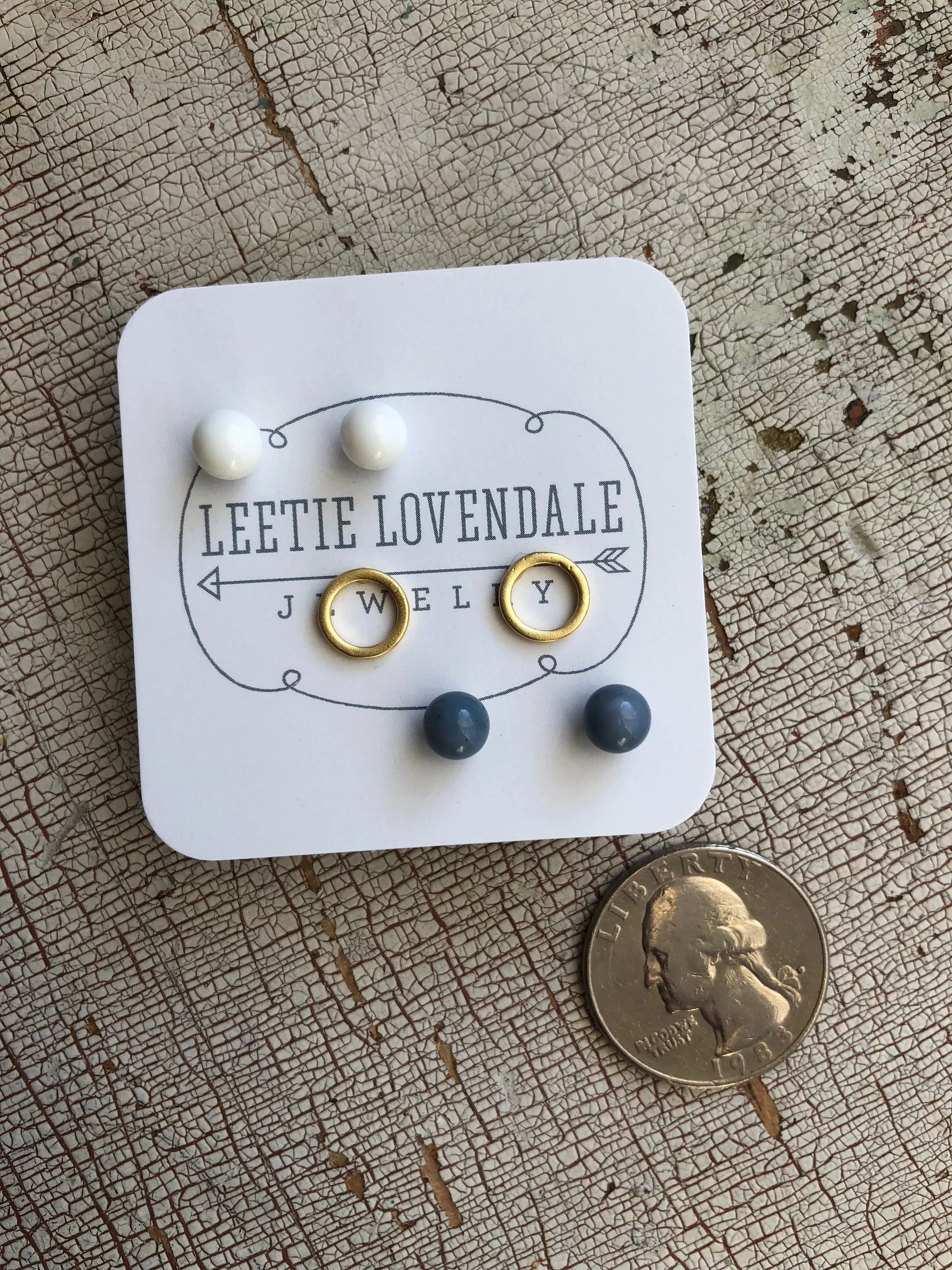 White Frosted Gold Circles & Slate Blue Tiny Geo Stud Earrings Set