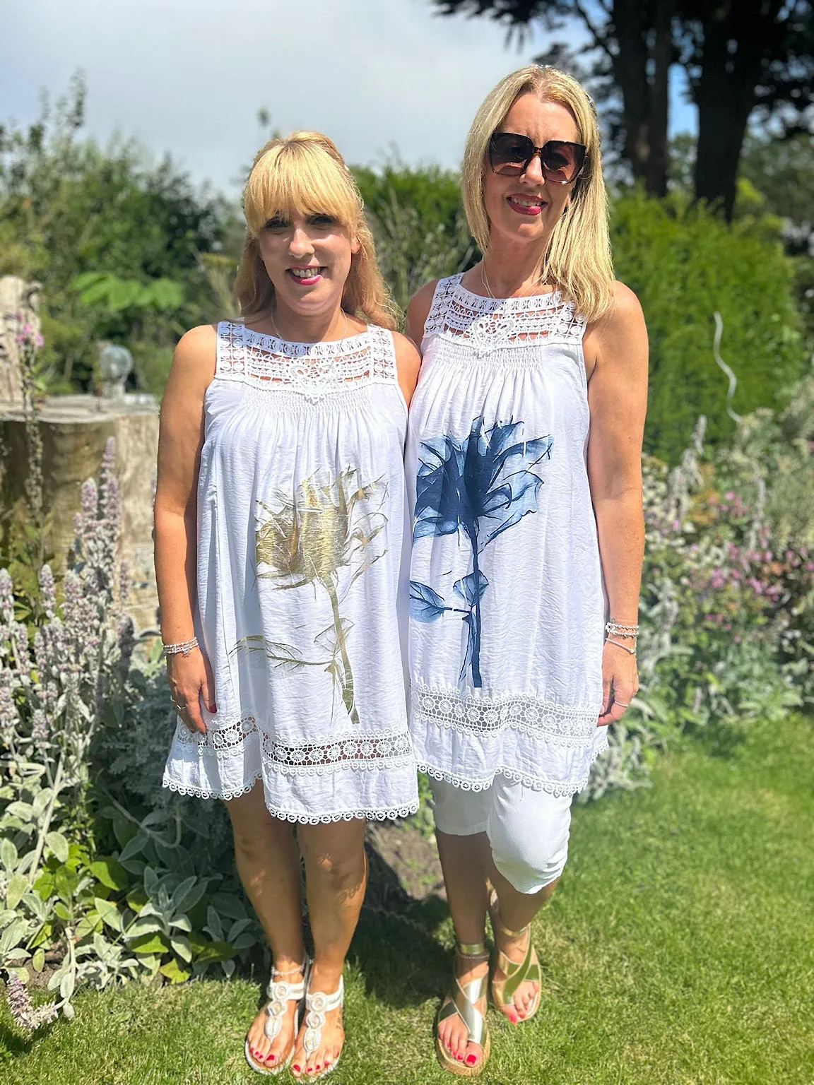 White Navy Crochet Flower Print Dress - Mandy