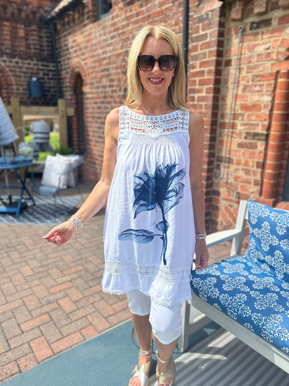 White Navy Crochet Flower Print Dress - Mandy