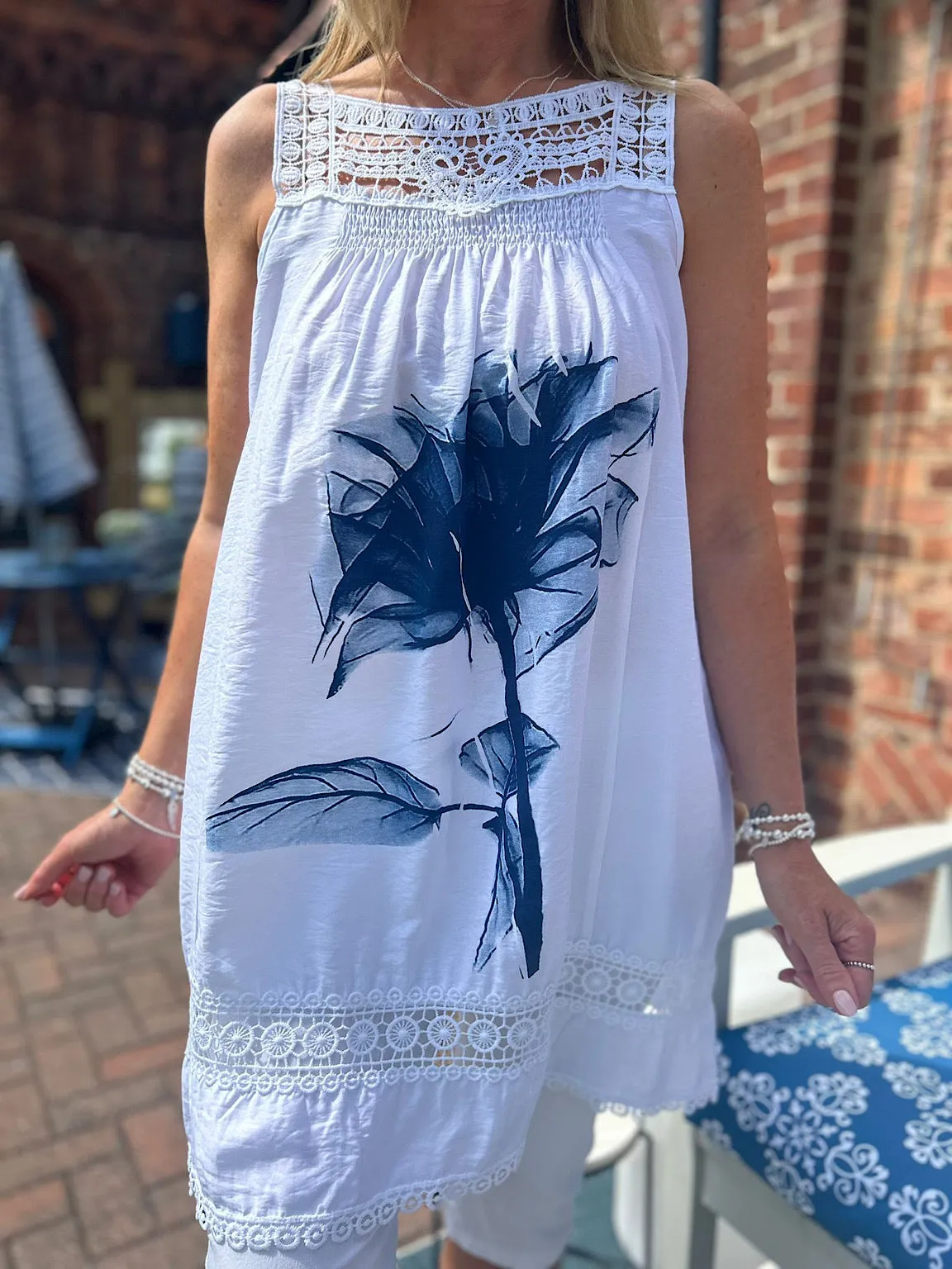 White Navy Crochet Flower Print Dress - Mandy