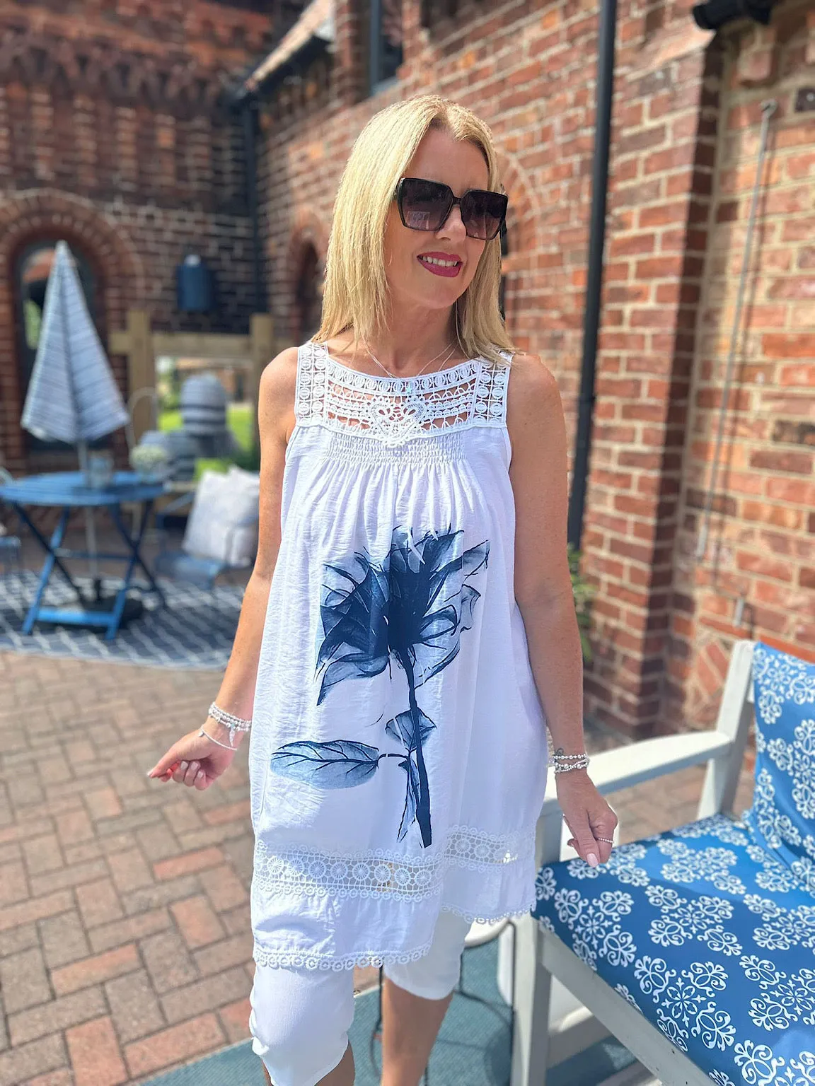 White Navy Crochet Flower Print Dress - Mandy