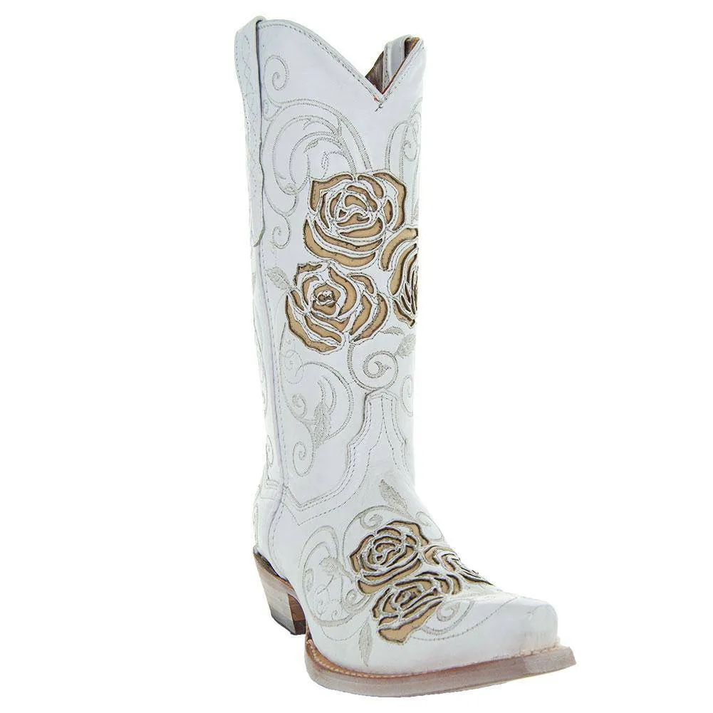 White Rose Western Cowgirl Boots with Inlay Design