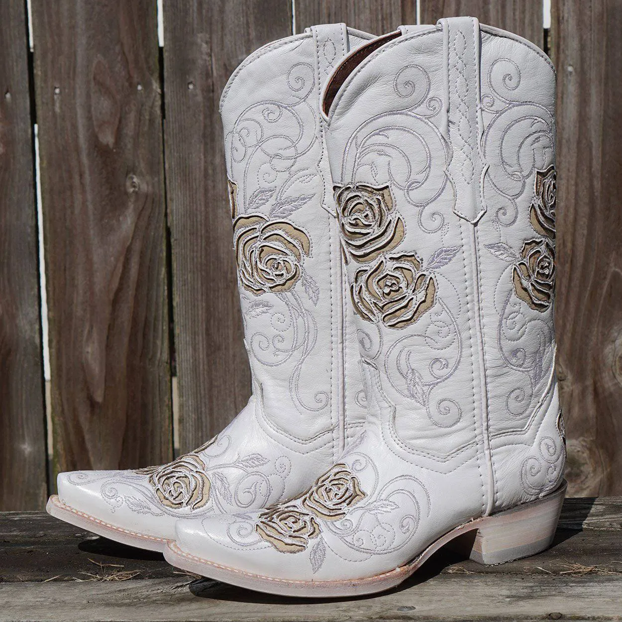 White Rose Western Cowgirl Boots with Inlay Design