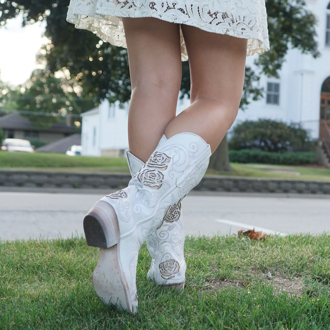 White Rose Western Cowgirl Boots with Inlay Design