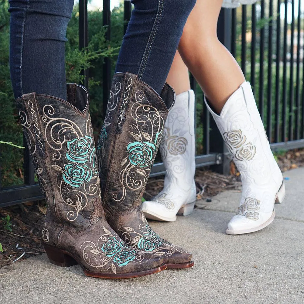 White Rose Western Cowgirl Boots with Inlay Design