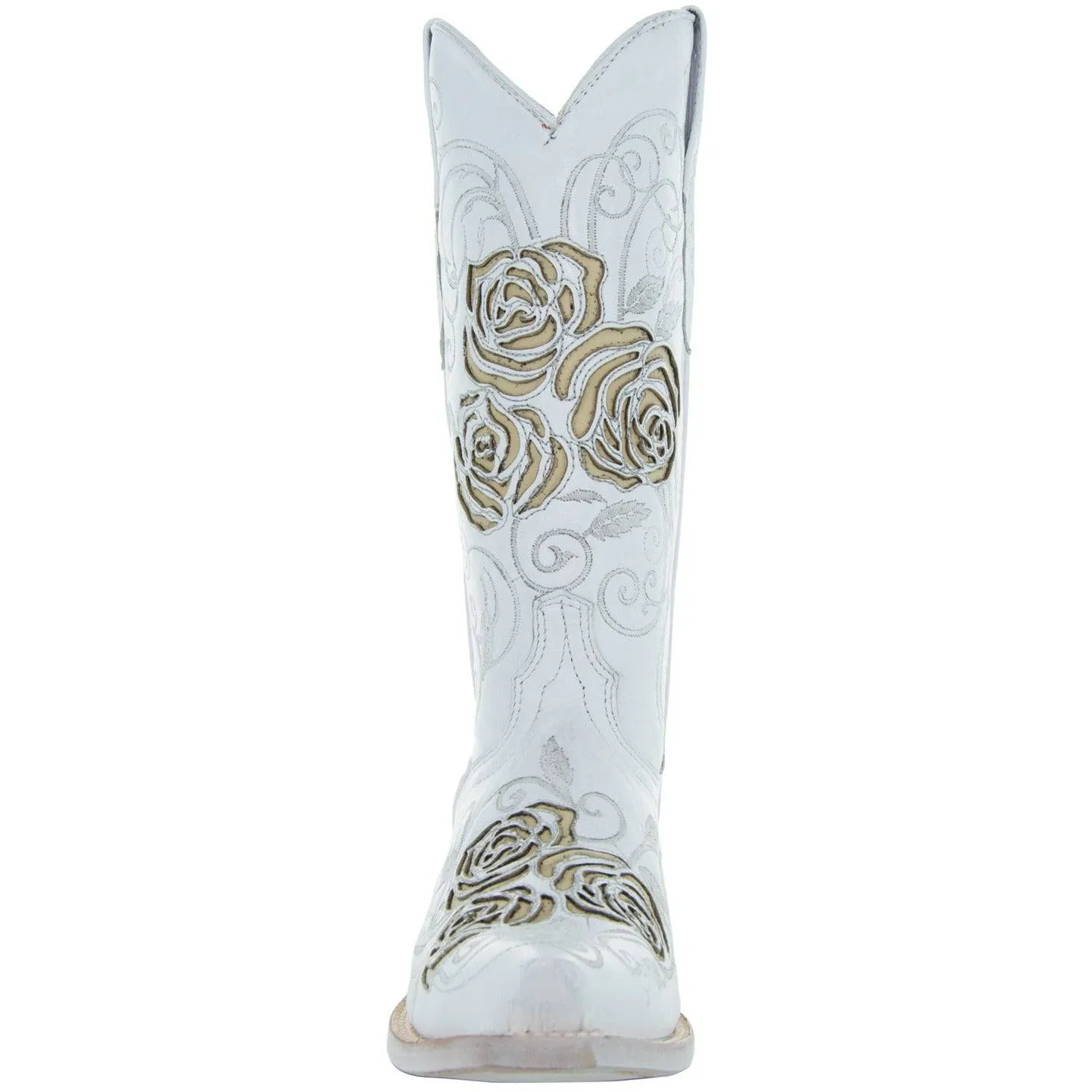 White Rose Western Cowgirl Boots with Inlay Design