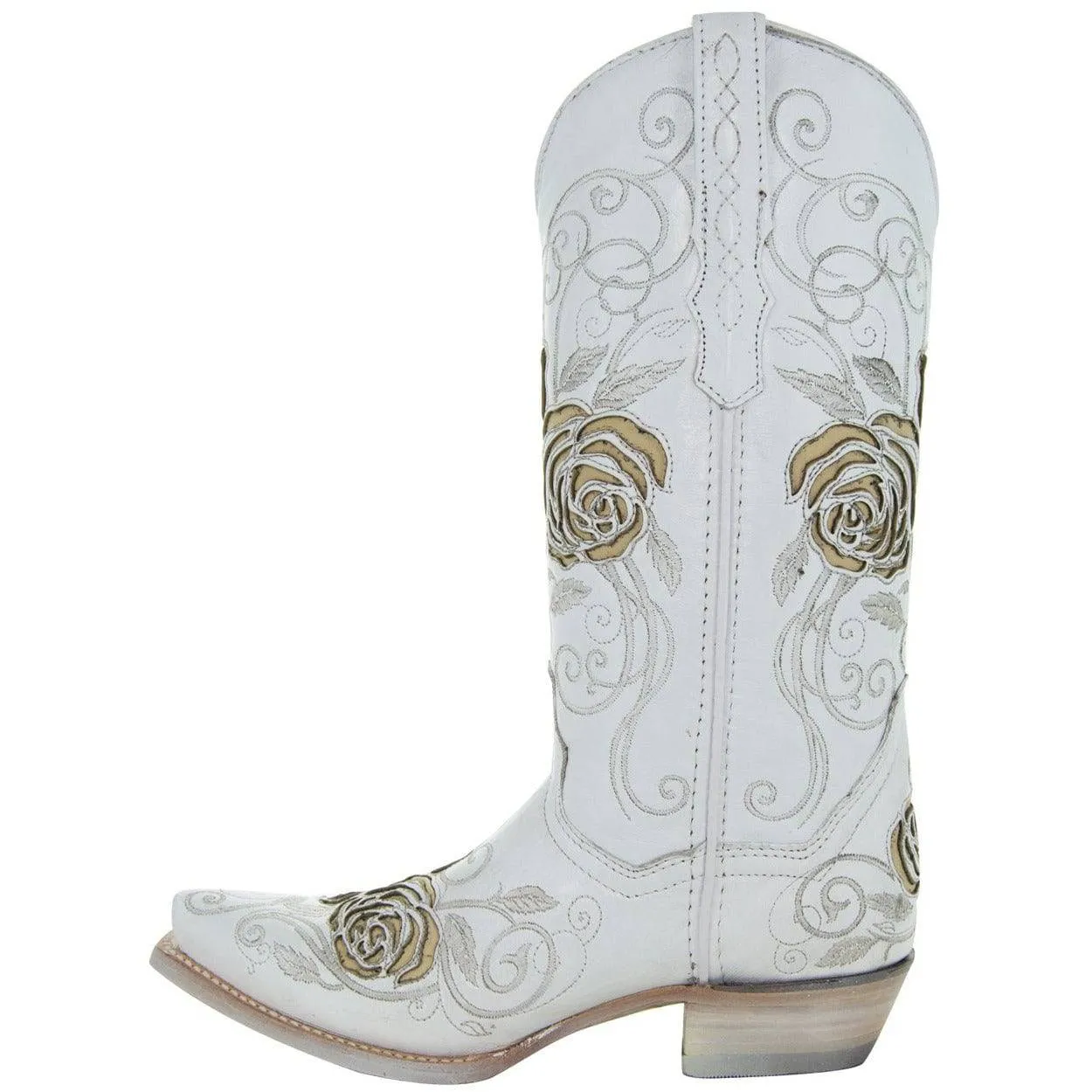 White Rose Western Cowgirl Boots with Inlay Design