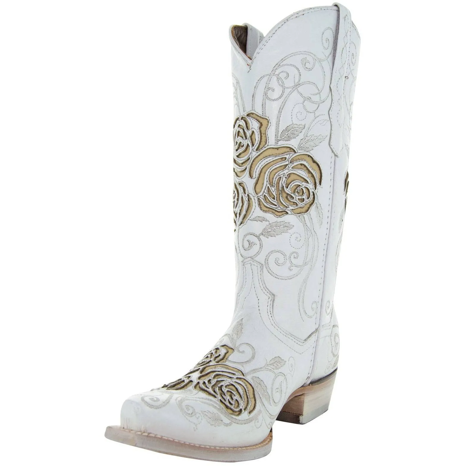 White Rose Western Cowgirl Boots with Inlay Design