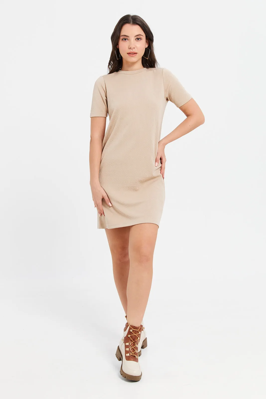 Women Beige Short Sleeve T-Shirt Dress