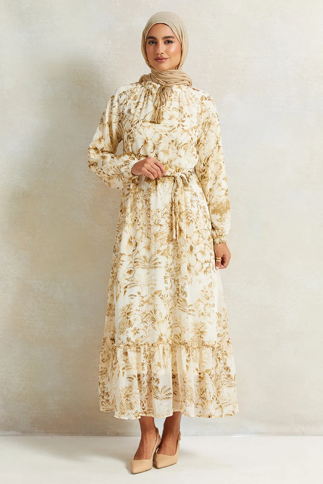 Women Cream Printed Maxi Dress