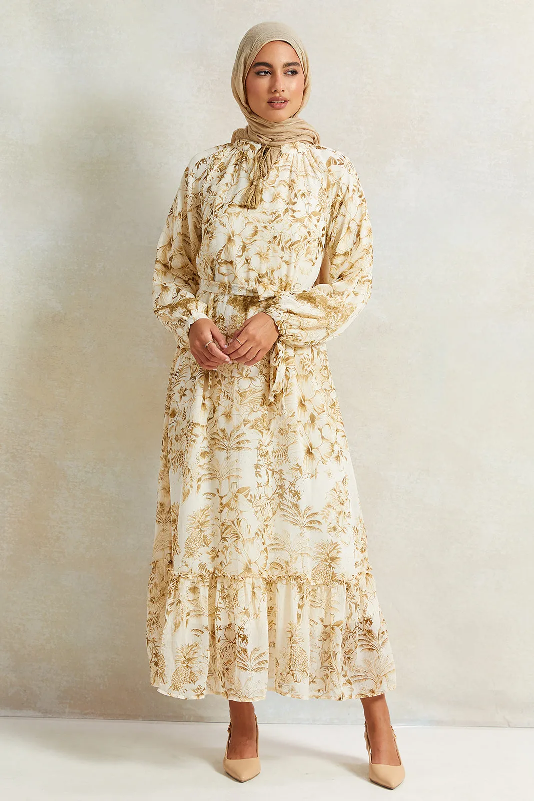 Women Cream Printed Maxi Dress