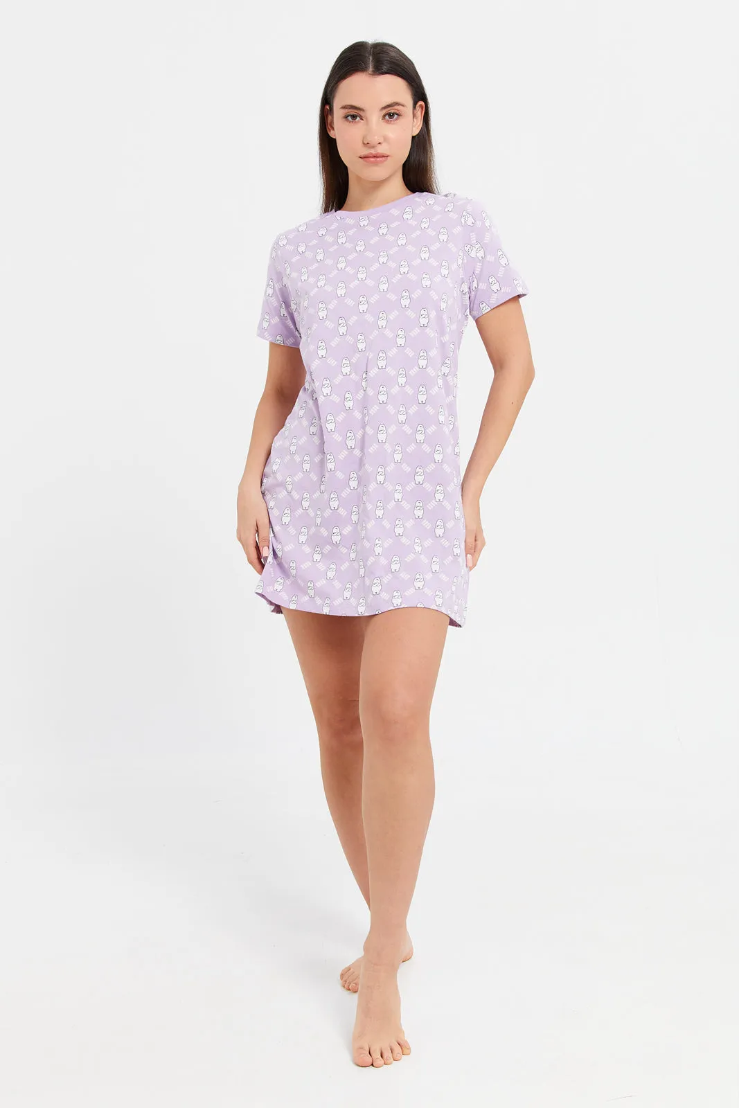 Women Lilac Short Sleeves Character Night Dress