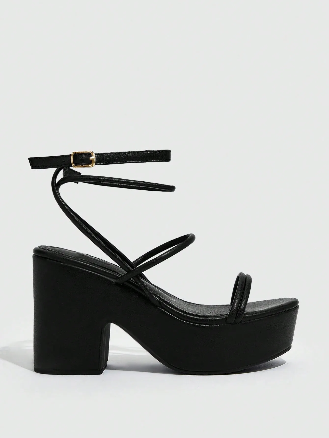 Women Minimalist Chunky Heeled Strappy Sandals, Fashion Black Sandals